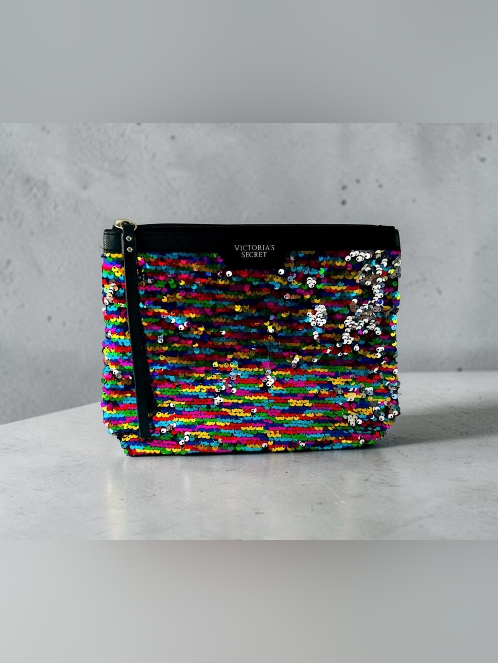 Victoria's Secret Rainbow Sequin Bag Makeup Clutch Purse Zippered Closure